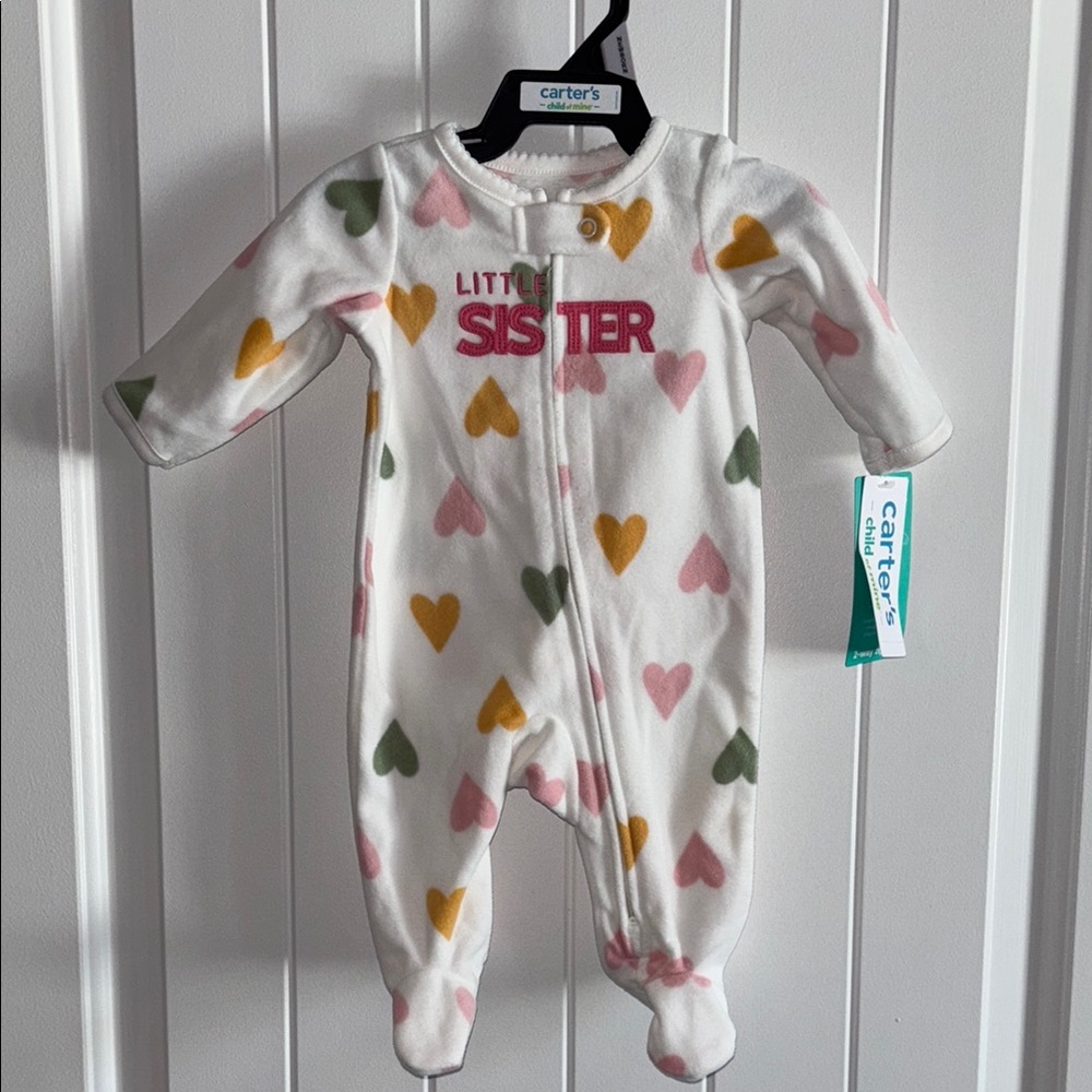 NEW! Carter's Little Sister Heart Print One Piece Winter Footie pajamas, newborn